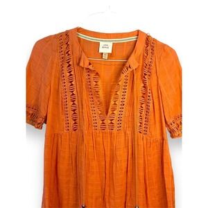 Knox Rose Women's XS Orange Embroidered Tassel Tie Neck Short Sleeve Dress